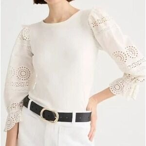 J. Crew Ruffle‎ Hem Eyelet Top Vintage Rib Ivory Cream sz S Cottage Prarie Boho